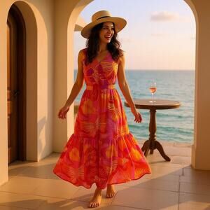 Rachel Zoe Tropical Print Butterfly Orange Pink Maxi Dress SM Vacaycore Boho